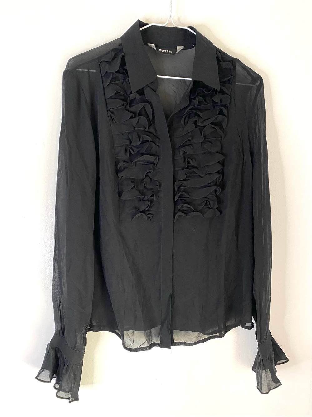 Express 100% Silk Black Sheer Ruffle Button Front Blouse Y2K Romantic